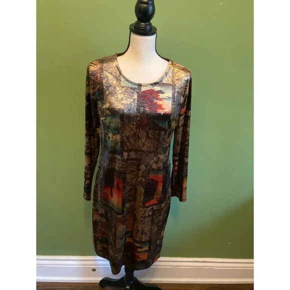 Women's Velvet Long Sleeve Dress L Brown Orange Abstract Print - Picture 2 of 8